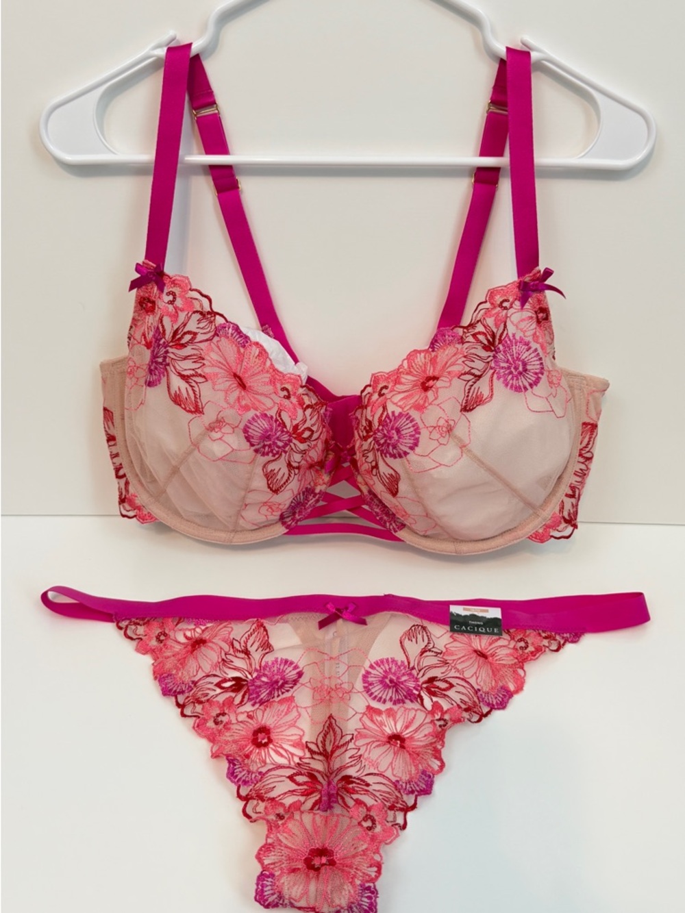 Cacique Nude and Hot Pink Floral Embroidered Underwire Bra & Bikini - Picture 2 of 13